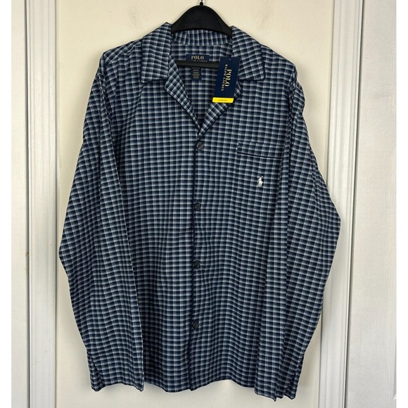 NEW Polo Ralph Lauren Sleepwear Mens Medium Blue Check Cotton Stretch Pajama Top - Picture 5 of 8